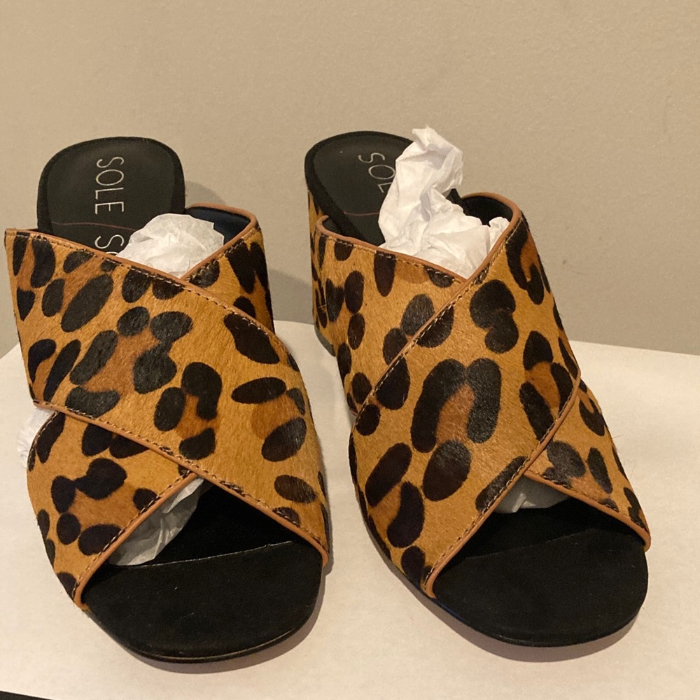 Sole Society Tan and Black Leopard Mules